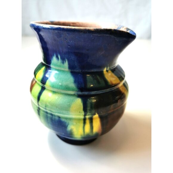 Vtg Art Pottery Pitcher Blue Green Yellow Drip Glaze Jug MCM Fat Lava Style - Picture 5 of 10